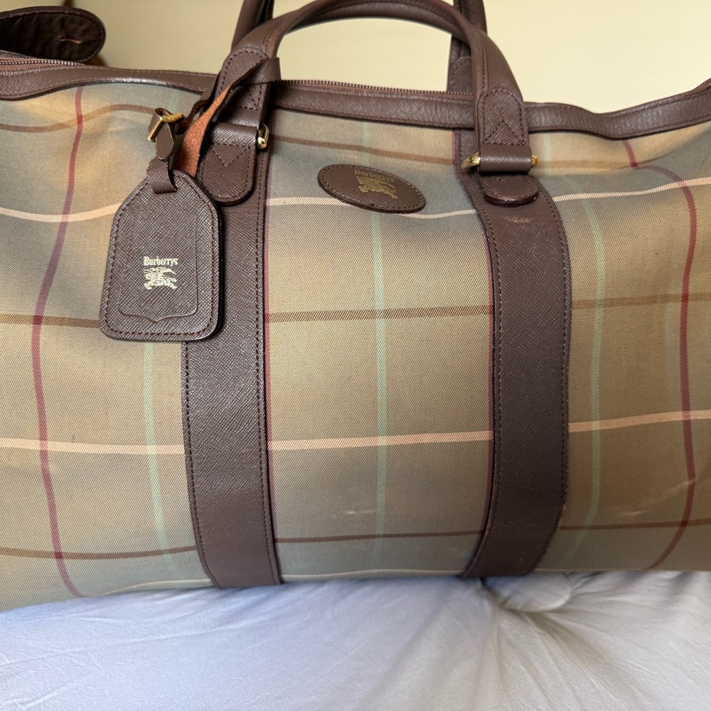 Burberry Barbour Brown and Green Duffel Bag with Classic Plaid Design